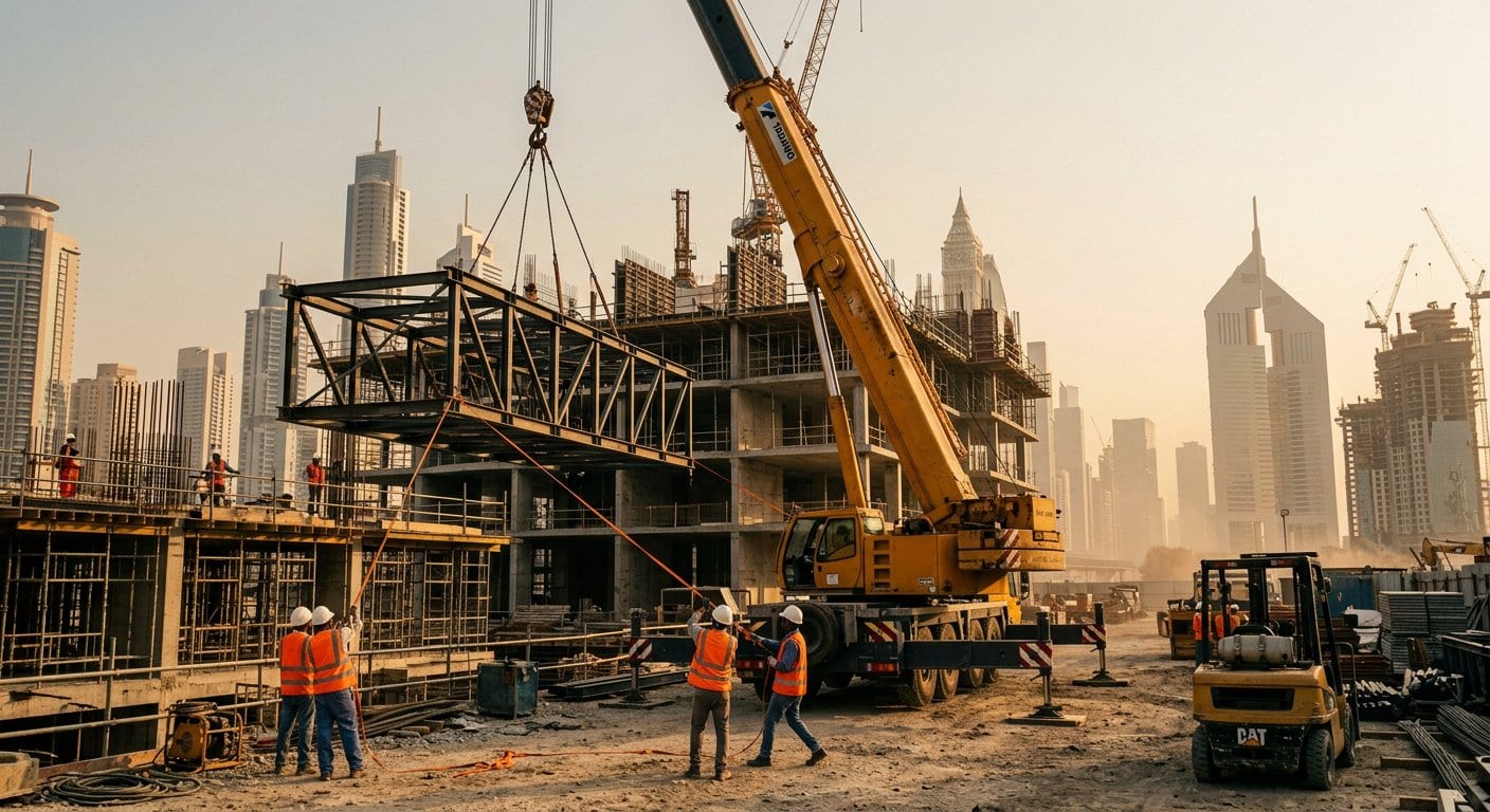 Truck crane lifting at a UAE construction site with ground crew coordinating