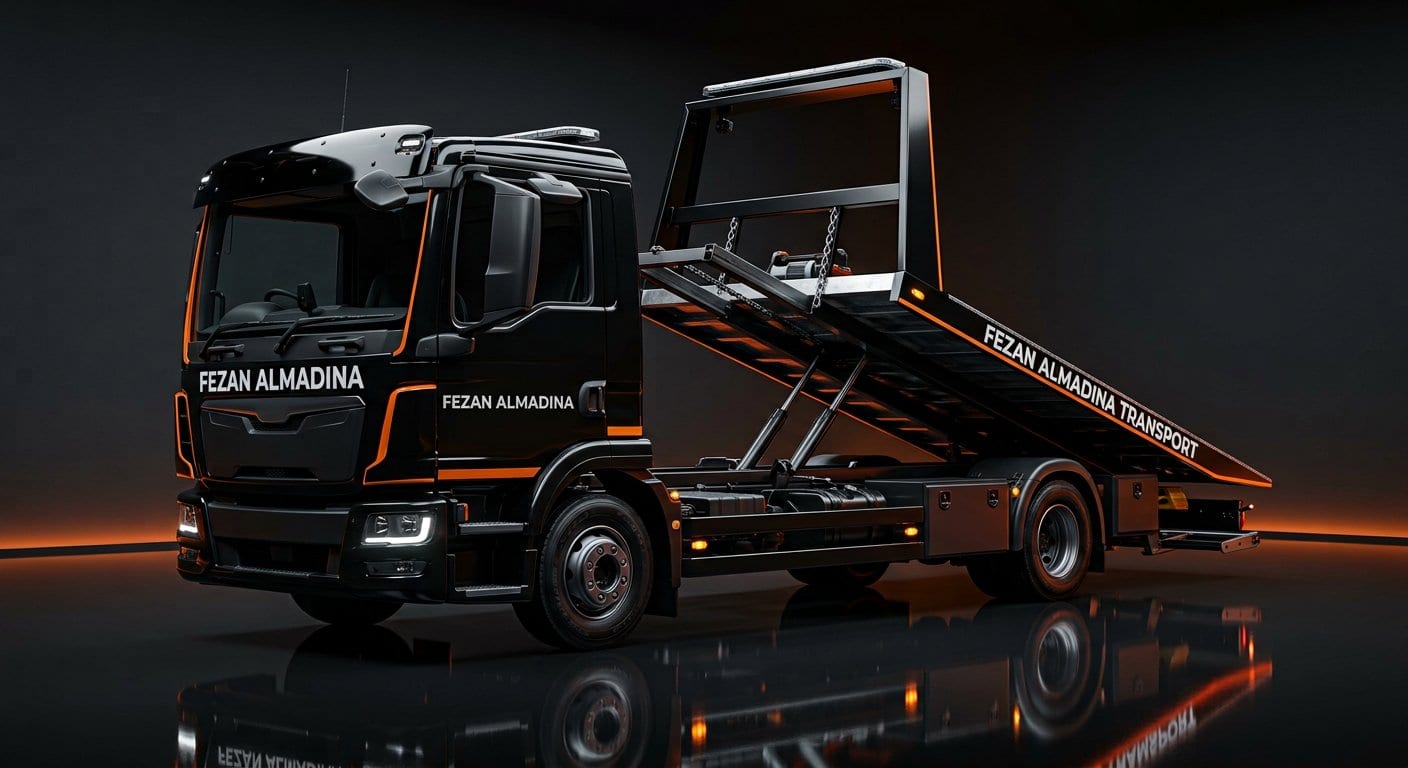 Flatbed carrier truck transporting a sedan — part of the Fezan Almadina fleet