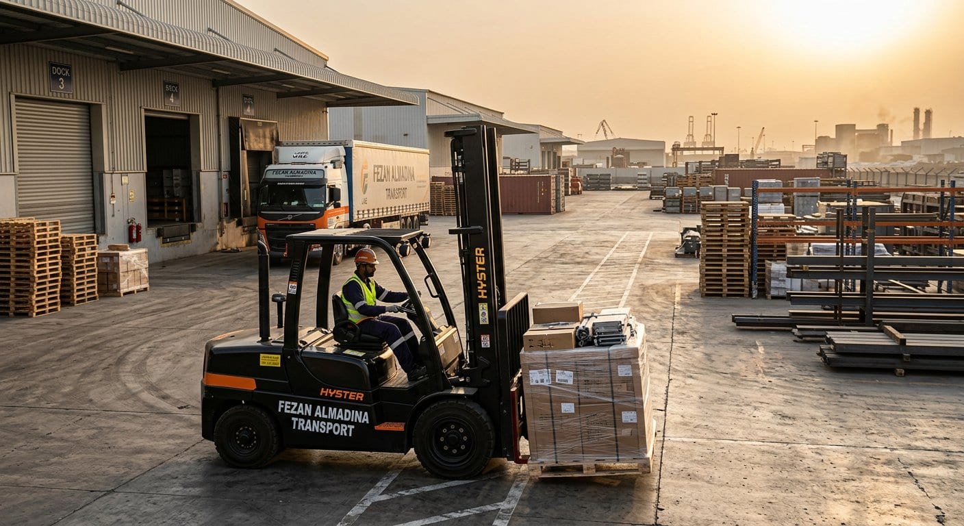 Diesel forklift handling pallets at a UAE warehouse yard