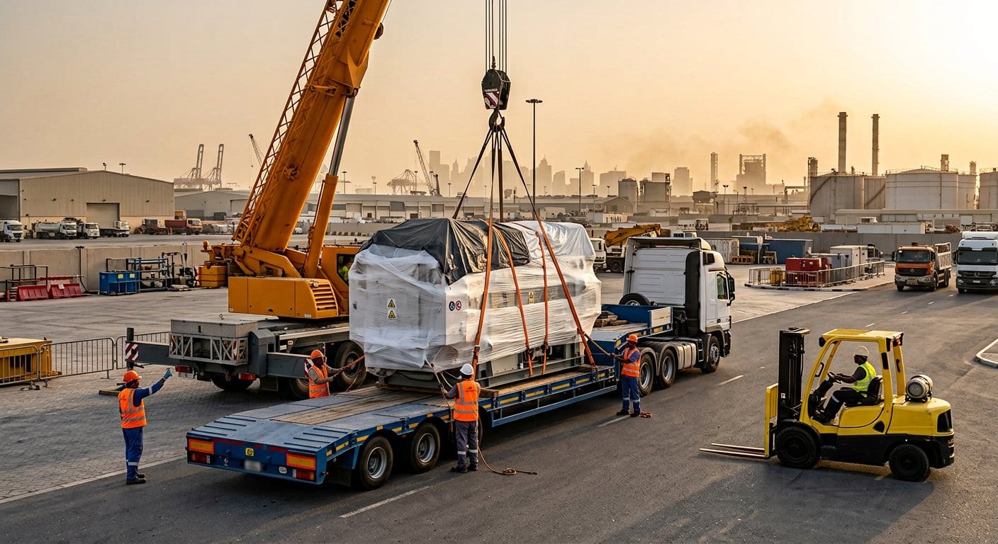 Crane and forklift coordinating a machinery relocation in the UAE