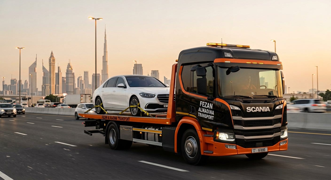 Flatbed carrier truck transporting a vehicle on a UAE highway
